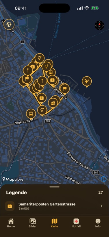 Die Karte in der App: die Umzugsroute und die wichtigen Orte im Dorf