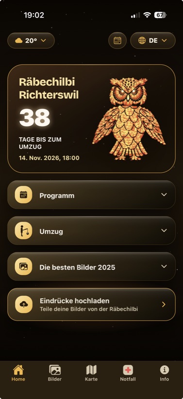 Die Startseite der App: Zähler bis zum Umzug, Programm, Umzug und Bilder